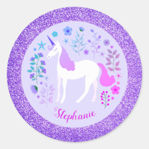 Sticker Rond Parties scintillant Unicorne rose violet personnal