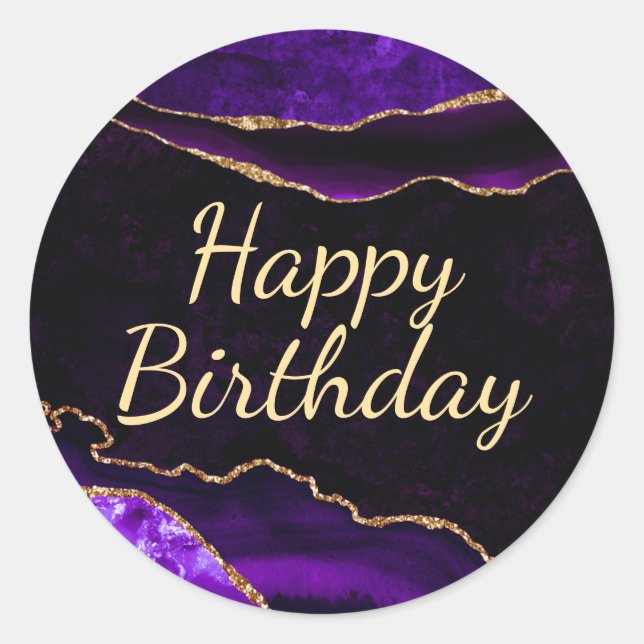 Sticker Rond Parties scintillant violet et or Agate Joyeux anni (Devant)
