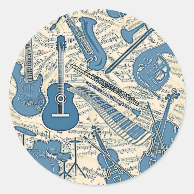 Sticker Rond Partition Musique et instruments Blue/Ivory ID481 (Devant)