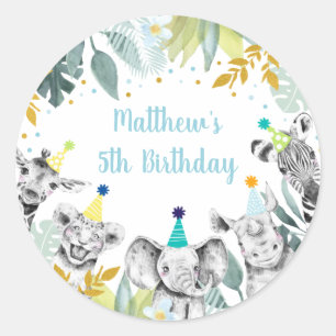 Sticker Rond Party Animal Blue Gold Safari Anniversaire