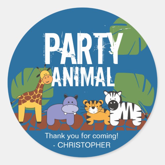 Sticker Rond Party Animal Safari thème anniversaire bleu (Devant)