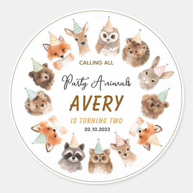 Sticker Rond Party Animals 2nd Birthday | Cute Jungle Animal (Devant)
