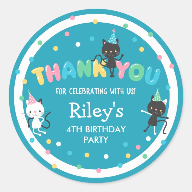 Sticker Rond Party Cats Enfants Anniversaire Fête Merci (Devant)