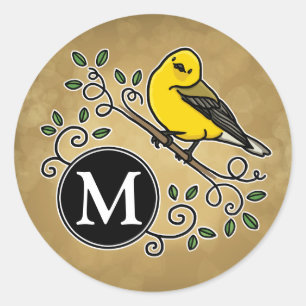 Sticker Rond Paruline protonotaire jaune gaie avec Monogramme