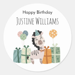 Sticker Rond Pary animal, zèbre avec des cadeaux et des ballons