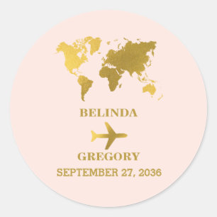Sticker Rond Passeport Mariage Destination Monde Rose Pâle Doré