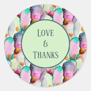 Sticker Rond Pastel Aquarelle Cactus Fleurs Amour et Merci
