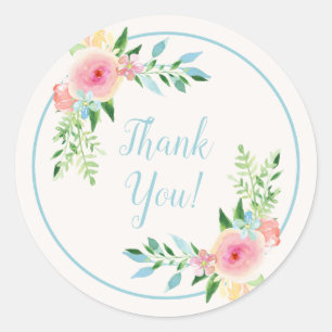 Sticker Rond Pastel bleu rose Floral Aquarelles Merci