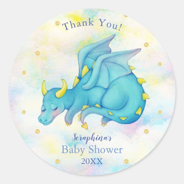 Sticker Rond Pastel Blue Dragon Boy Baby shower Merci (Devant)