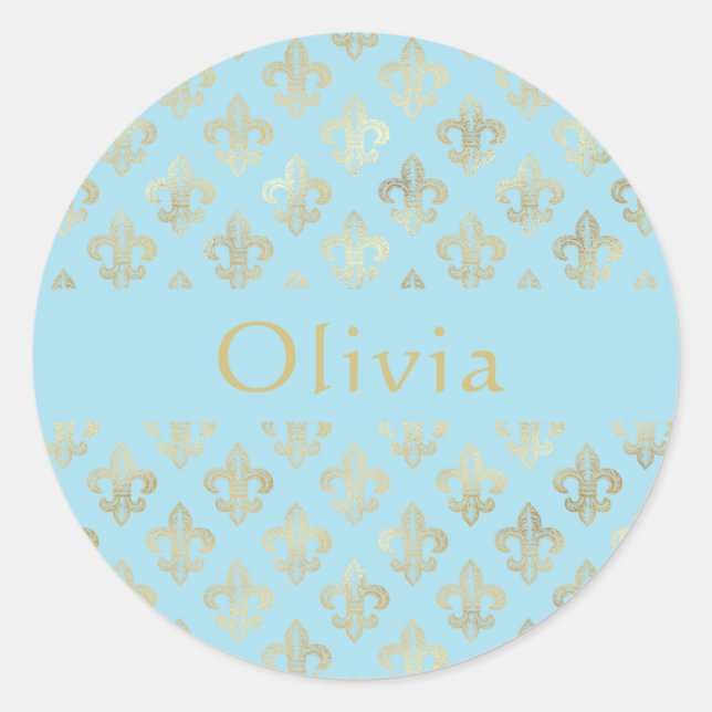 Sticker Rond Pastel Blue Gold Fleur De Lis Personnalisé (Devant)