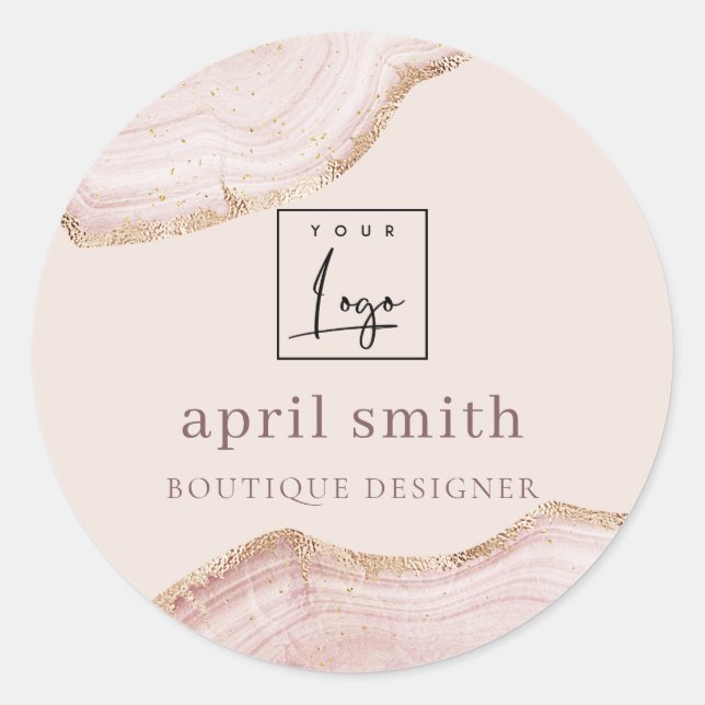 Sticker Rond Pastel Blush Rose Gold Agate Marbre Texture Logo (Devant)