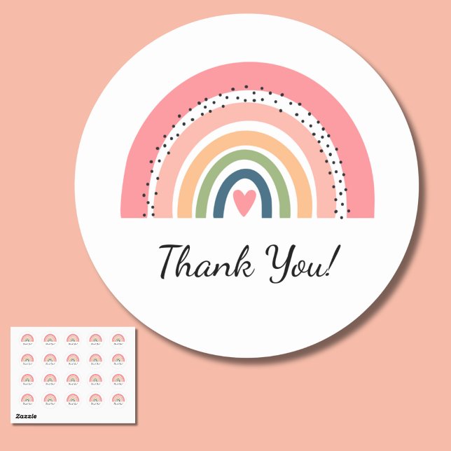 Sticker Rond Pastel Bohème Arc-en-ciel avec Merci du Coeur (Créateur téléchargé)