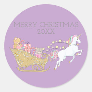 Sticker Rond Pastel Christmas Unicorne Père Noël Sleigh Purple