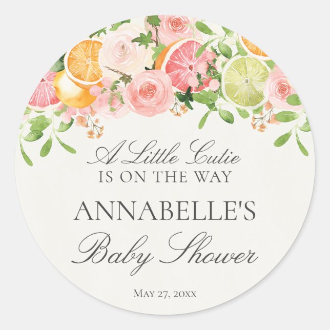 Sticker Rond Pastel Citrus Floral Cutie Baby shower Favoriser (Devant)