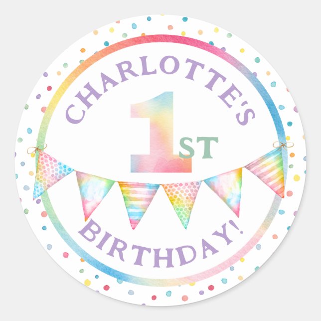 Sticker Rond Pastel Confetti 1er Anniversaire Fête Favoriser St (Devant)