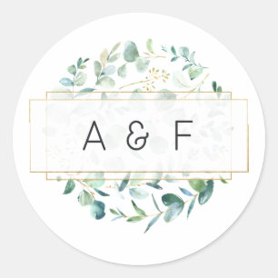 Sticker Rond Pastel Eucalyptus Mariage géométrique Monogramme