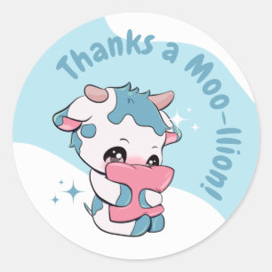 Sticker Rond Pastel Green Blue Cow White Cloud Merci