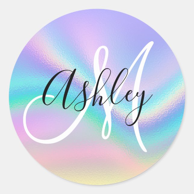 Sticker Rond Pastel Iridescente Rainbow Wave Ombre Foil Monogra (Devant)