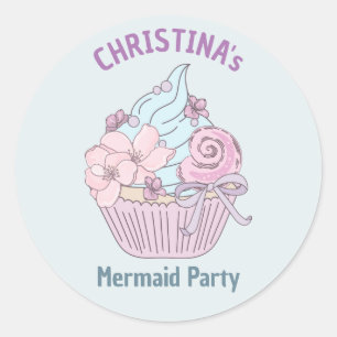 Sticker Rond Pastel Mermaid Cupcake Anniversaire Fête Mer