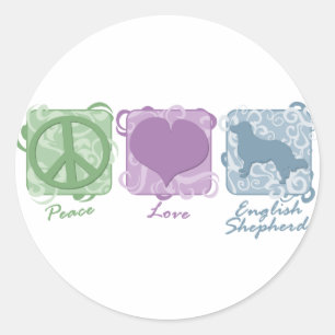 Sticker Rond Pastel Peace, Love et Anglais Shepherd