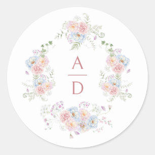 Sticker Rond Pastel Peonies Cadre Mariage Monogrammes