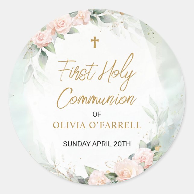 Sticker Rond Pastel Pink Aquarelle Florale Première Sainte Comm (Devant)