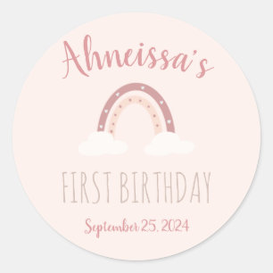 Sticker Rond Pastel Pink Arc en ciel et nuages Premier annivers