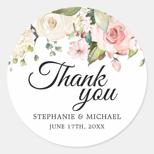 Sticker Rond Pastel Pink Blush Rose Mariage Floral Merci (Devant)