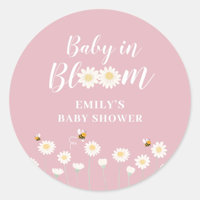 Sticker Rond Pastel Pink Boho Daisy Floral Baby En Fleur Douche (Devant)