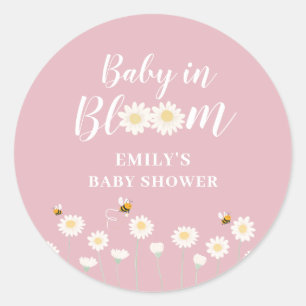 Sticker Rond Pastel Pink Boho Daisy Floral Baby En Fleur Douche