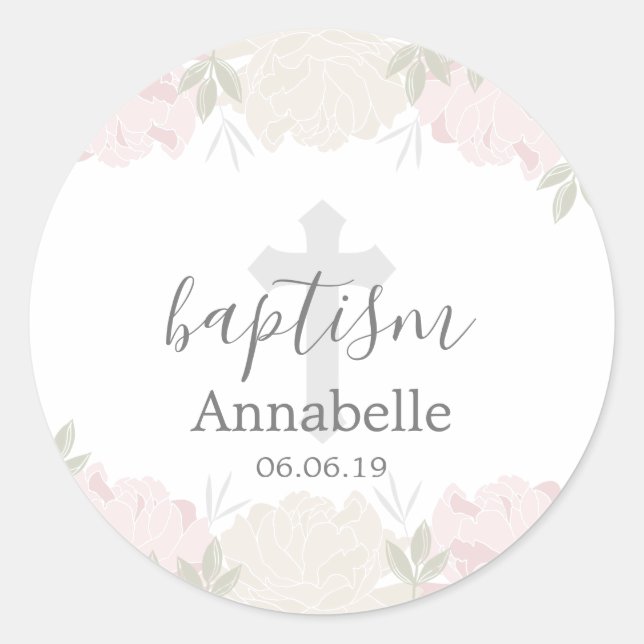 Sticker Rond Pastel Pink et ivoire Floral Baby Baptism (Devant)
