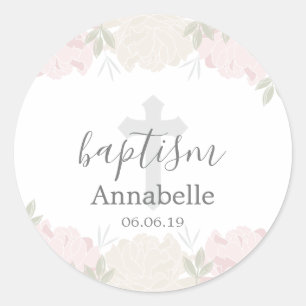 Sticker Rond Pastel Pink et ivoire Floral Baby Baptism