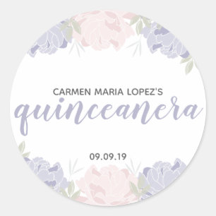 Sticker Rond Pastel Pink & Purple Peonies Quinceañera Anniversa