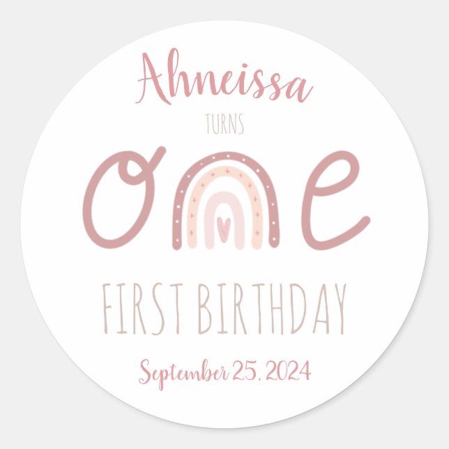 Sticker Rond Pastel Pink Rainbow Un premier anniversaire (Devant)