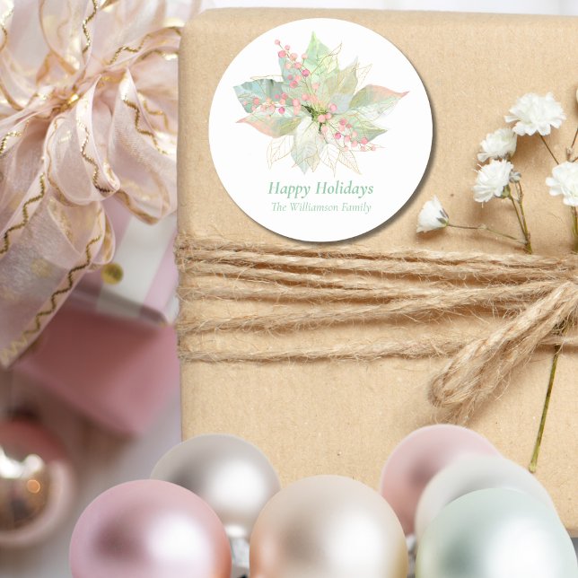 Sticker Rond Pastel Poinsettia Joyeuses Vacances Rose Gold Swee (Créateur téléchargé)