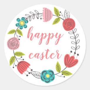 Sticker Rond pastel printanier à cadre fleuri de pâques heureux