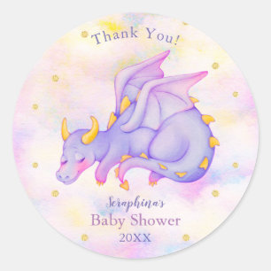 Sticker Rond Pastel Purple Dragon Girls Baby shower Merci