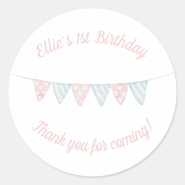 Sticker Rond Pastel rose et bleu bannière d'anniversaire merci (Devant)