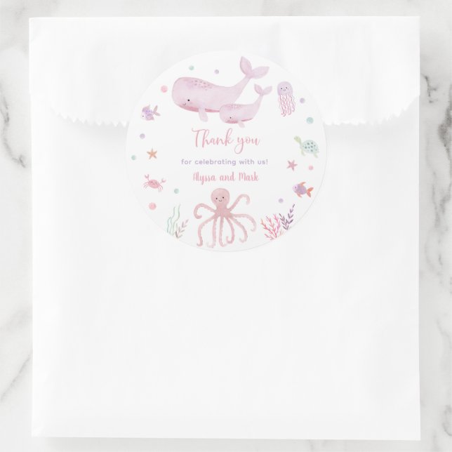 Sticker Rond Pastel rose sous le Baby shower de mer Merci (Sac)