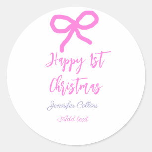 Sticker Rond Pastel rose violet heureux 1er Noël bow name da