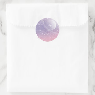 Sticker Rond Pastel Starry Sky rose violet dégradé Lune Galaxie