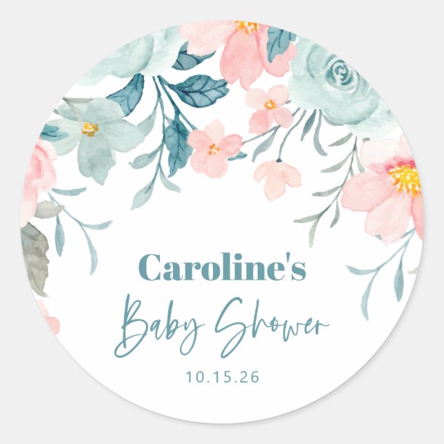 Sticker Rond Pastel Turquoise rose Baby shower Floral Personnal (Devant)