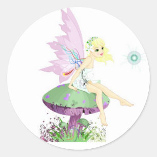 Sticker Rond Pastel Whimsical Garden fairy assis sur un champig
