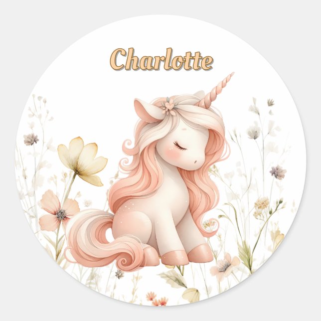 Sticker Rond Pastel Whimsical unicorn fleur sauvage (Devant)