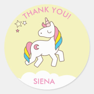 Sticker Rond Pastel Yellow Unicorn Anniversaire Merci