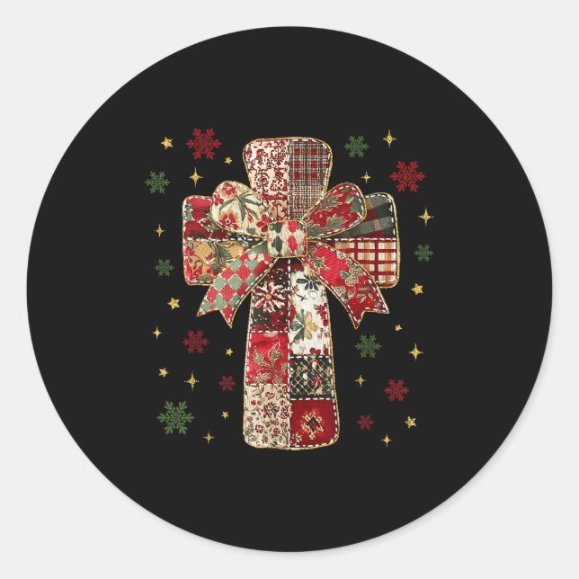 Sticker Rond Patchwork Cross Christian Christmas Coquette Bow  (Devant)