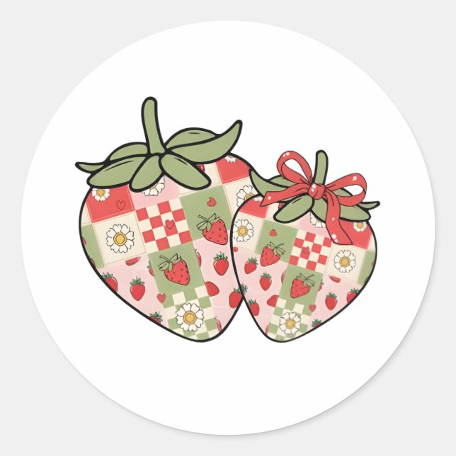 Sticker Rond Patchwork Strawberry Hearts Cute Coquette Art (Devant)