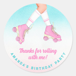 Sticker Rond Patinage à rouleaux rose et Merci bleu