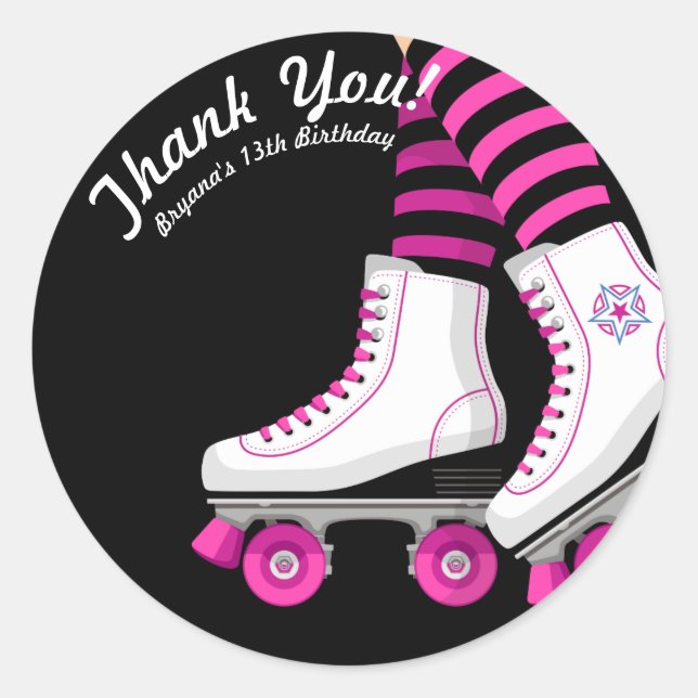 Sticker Rond Patinage à roulettes rose et noir Patinage Anniver (Devant)