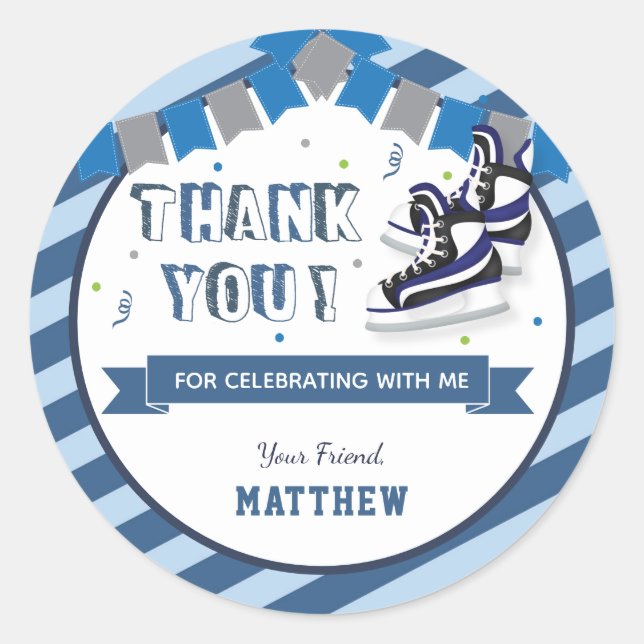 Sticker Rond Patinage sur glace Anniversaire Fête Bleu Merci Fa (Devant)